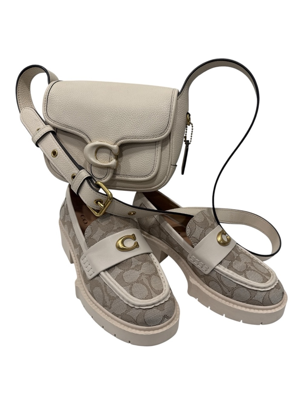 Coach Beige Signature Canvas Loafers Cream Strap and Gold Hardware size 6.5 B - Picture 11 of 12